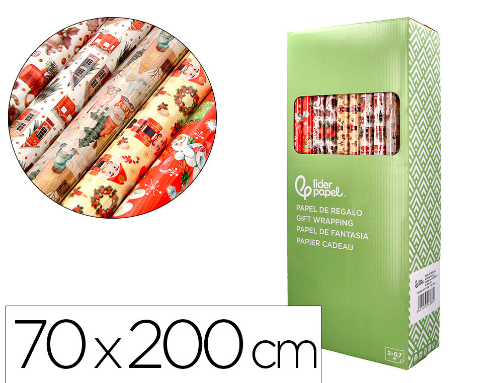 PAPEL FANTASIA LIDERPAPEL NATAL ROLO LARGURA 70 CM COMPRIMENTO 2 MT GRAMAGEM 60 GR DESENHOS SORTIDOS B-2024
