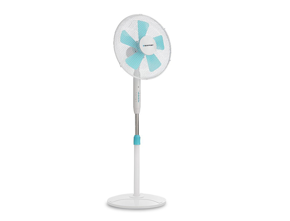 VENTILADOR BLAUPUNKT DE PE BASE REDONDA 5 LAMINAS 3 VELOCIDADES ALTURA REGULAVEL COM COMANDO DISTANCIA+TEMPORIZADOR 45W