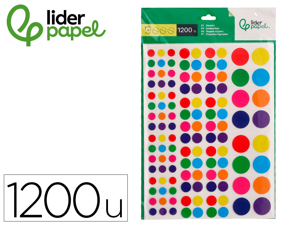 ETIQUETAS ESCOLAR LIDERPAPEL AUTOADESIVAS CIRCULOS CORES E TAMANHOS SORTIDOS BOLSA DE 10 FOLHAS 800 UNIDADES