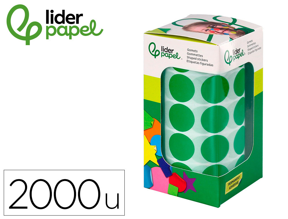 ETIQUETAS ESCOLAR LIDERPAPEL AUTOADESIVAS CIRCULOS 20 MM VERDE ROLO DE 2000 UNIDADES EM CAIXA DE CARTAO