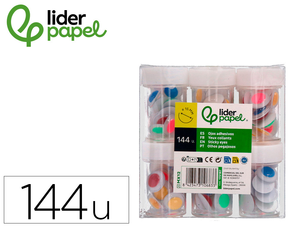 OLHO ADESIVO LIDERPAPEL 15 MM BRANCO COM PUPILA DE CORES SORTIDAS PACK DE 144 UNIDADES