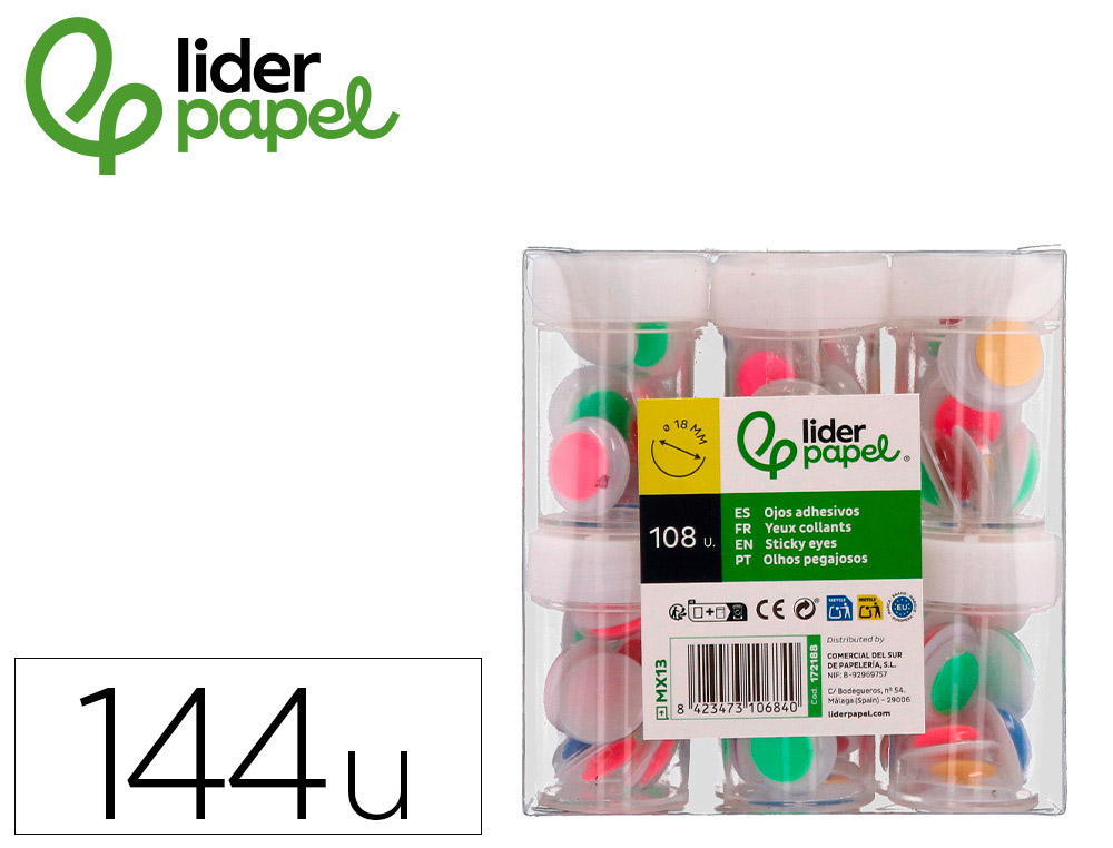 OLHO ADESIVO LIDERPAPEL 18 MM BRANCO COM PUPILA DE CORES SORTIDAS PACK DE 108 UNIDADES