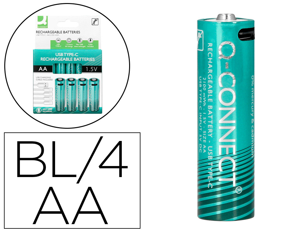 PILHA Q-CONNECT AA RECARREGAVEL POR USB-C BLISTER DE 4 UNIDADES