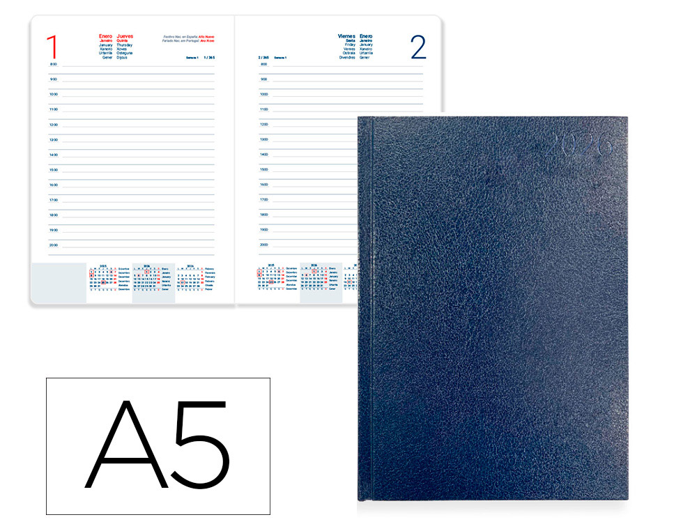 AGENDA ENCADERNADA LIDERPAPEL CORFU 15X21 2026 DIA PAGINA AZUL ESCURO PAPEL 60 GR FSC IDIOMA PORTUGUES