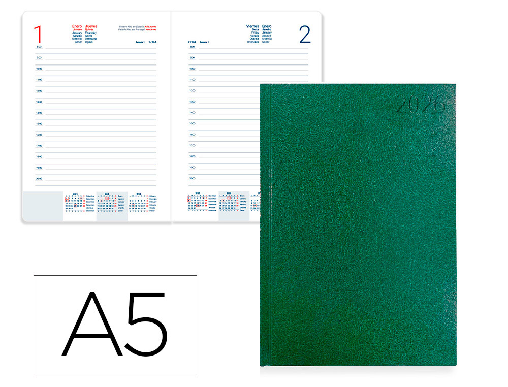 AGENDA ENCADERNADA LIDERPAPEL CORFU 15X21 2026 DIA PAGINA VERDE PAPEL 60 GR FSC IDIOMA PORTUGUES