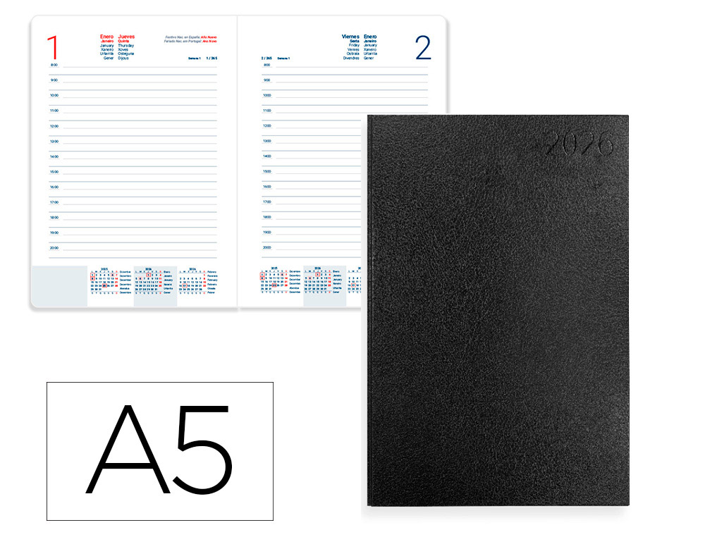 AGENDA ENCADERNADA LIDERPAPEL CORFU 15X21 2026 DIA PAGINA PRETO PAPEL 60 GR FSC IDIOMA PORTUGUES