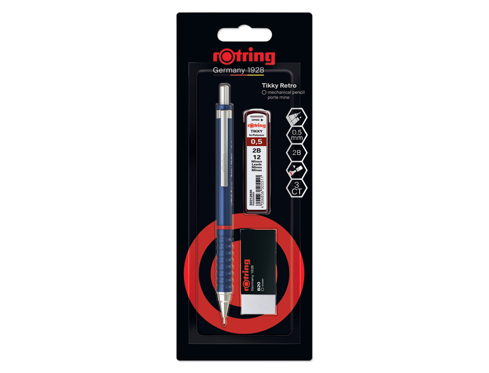 CONJUNTO LAPISEIRA ROTRING TIKKY 0,5 MM COR AZUL + 12 MINAS HB + BORRACHA B20