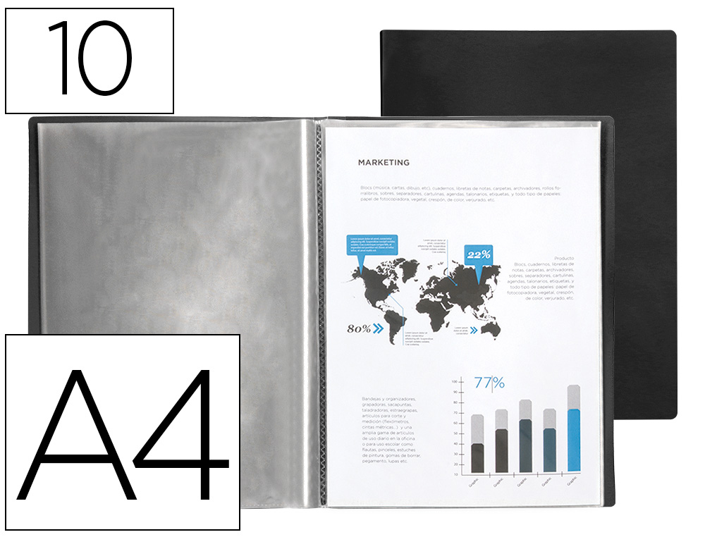 CAPA CATALOGO LIDERPAPEL 10 BOLSAS POLIPROPILENO DIN A4 PRETO OPACO