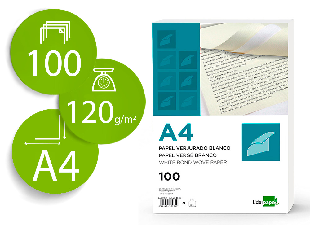 PAPEL VERGE LIDERPAPEL DIN A4 120 GR BRANCO EMBALAGEM DE 100 FOLHAS