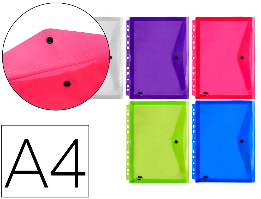 BOLSA PORTA DOCUMENTOS LIDERPAPEL MULTIPERFURADA DIN A4 PACK DE 5 CORES SORTIDAS