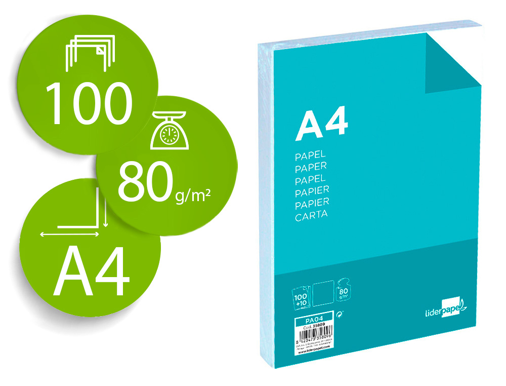 PAPEL LIDERPAPEL DIN A4 80 GR EMBALAGEM DE 100 FOLHAS + 10 FOLHAS GRATIS