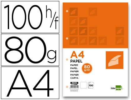 PAPEL LIDERPAPEL DIN A4 80 GR LISO 4 FUROS EMBALAGEM DE 100 FOLHAS