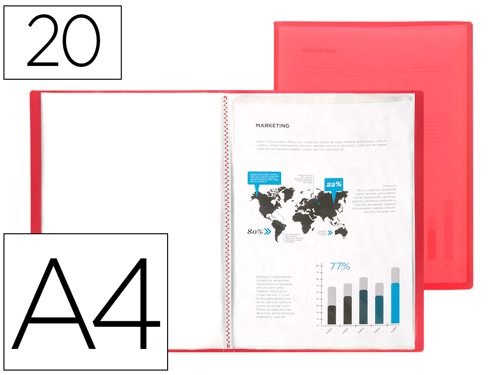 CAPA CATALOGO LIDERPAPEL 20 BOLSAS POLIPROPILENO DIN A4 TRASLUCIDA VERMELHO FROSTY
