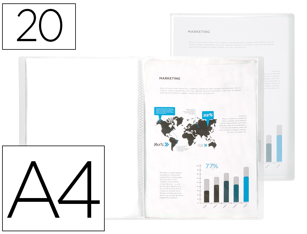 CAPA CATALOGO LIDERPAPEL 20 BOLSAS POLIPROPILENO DIN A4 TRASLUCIDA TRANSPARENTE