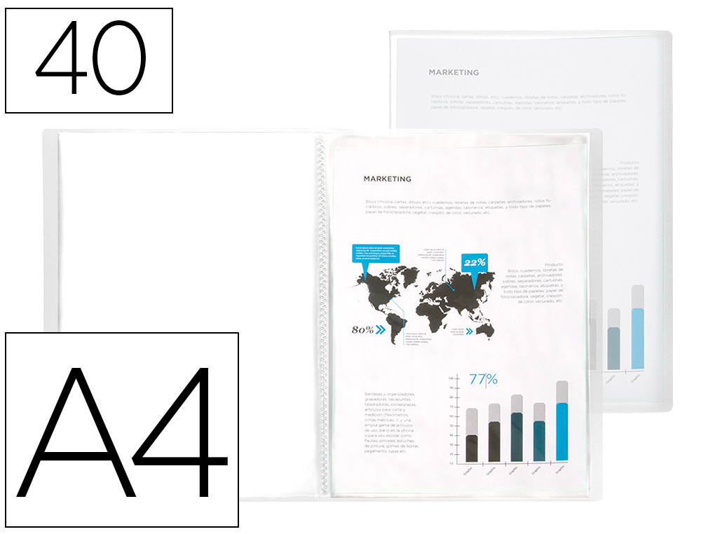 CAPA CATALOGO LIDERPAPEL 40 BOLSAS POLIPROPILENO DIN A4 TRASLUCIDA TRANSPARENTE