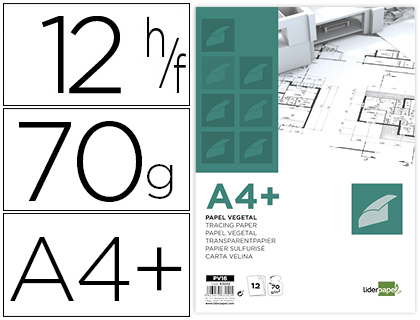 BLOCO DE PAPEL VEGETAL LIDERPAPEL DIN A4+ 320X240MM 70 GR BOLSA DE 12 FOLHAS