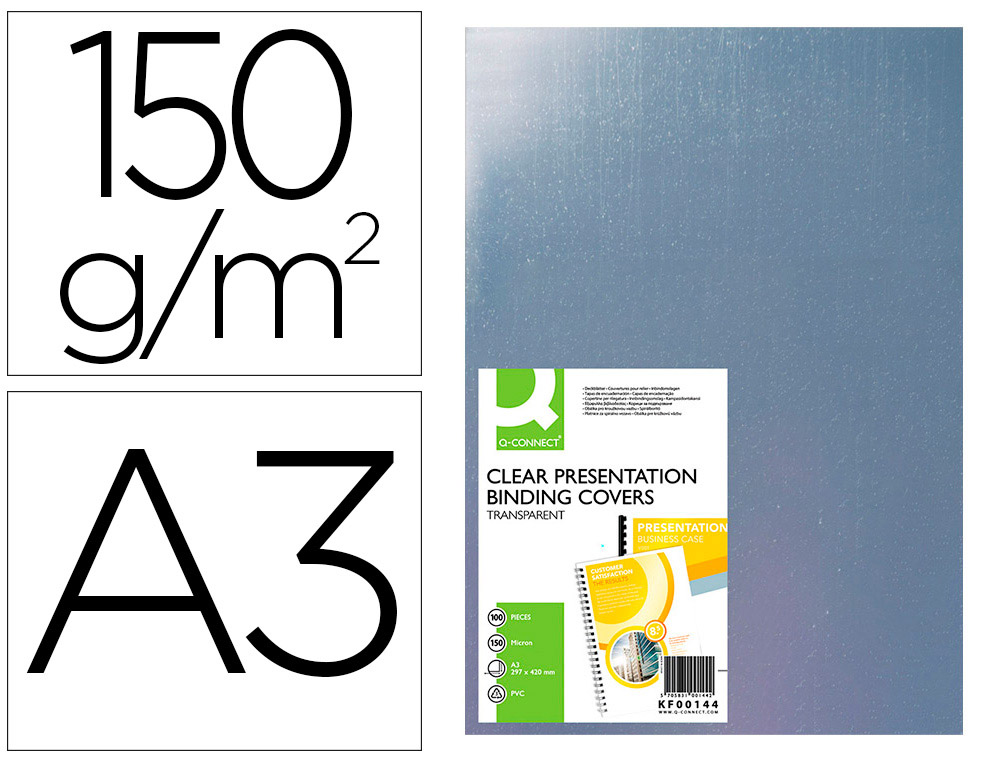 CAPA DE ENCADERNACAO Q-CONNECT PVC DIN A3 INCOLOR 150 MICRONS PACK DE 100 UNIDADES