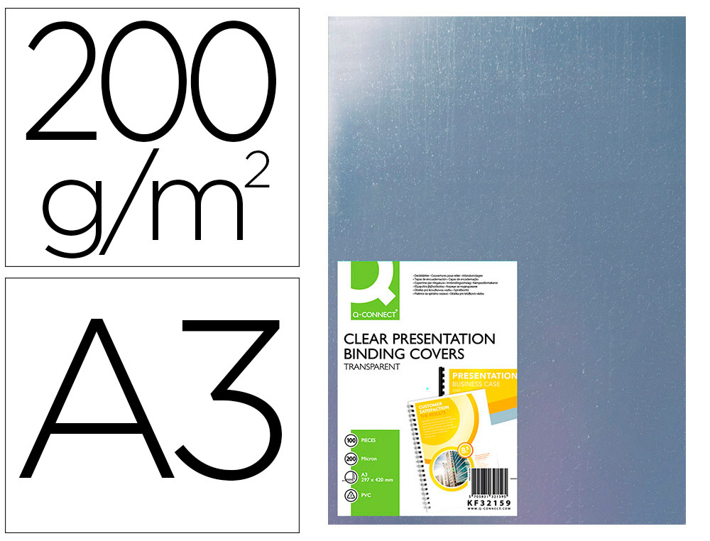 CAPA DE ENCADERNACAO Q-CONNECT PVC DIN A3 INCOLOR 200 MICRONS PACK DE 100 UNIDADES