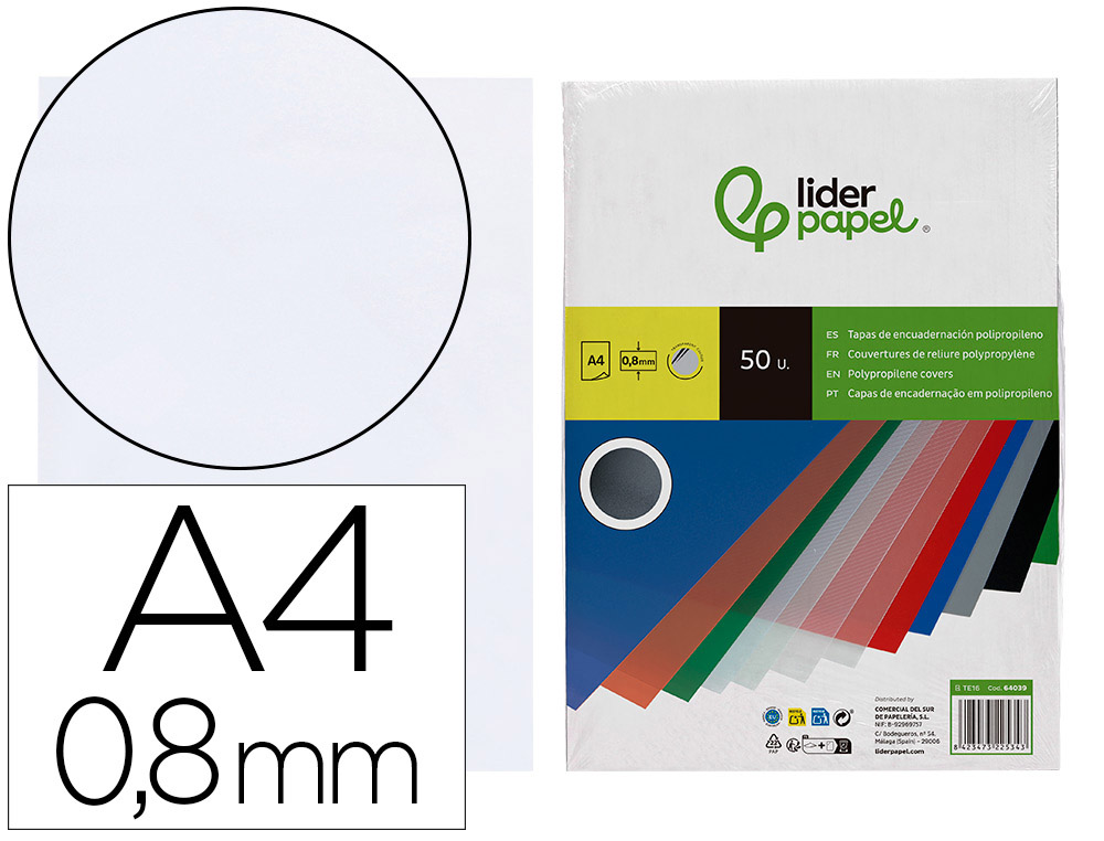 CAPA DE ENCADERNACAO LIDERPAPEL POLIPROPILENO DIN A4 0.8 MM TRANSPARENTE PACK DE 50 UNIDADES