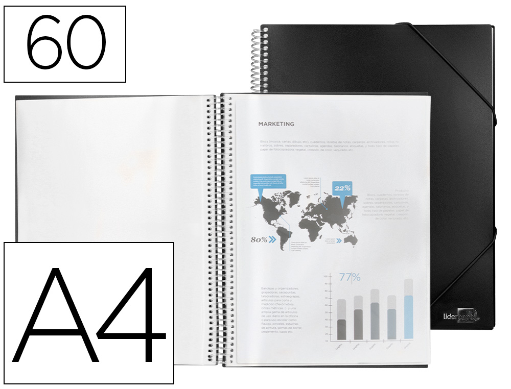 CAPA CATALOGO LIDERPAPEL COM ESPIRAL 60 BOLSAS POLIPROPILENO DIN A4 PRETO