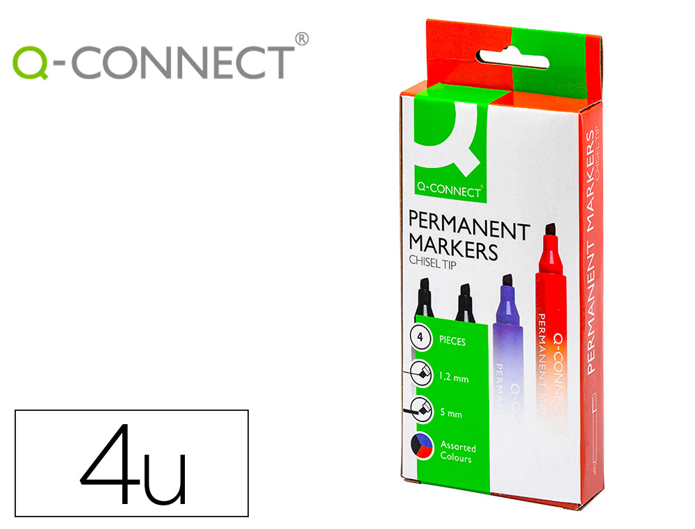 MARCADOR Q-CONNECT MARCADOR PERMANENTE ESTOJO DE 4 CORES SORTIDAS PONTA BISELADA 5.0 MM